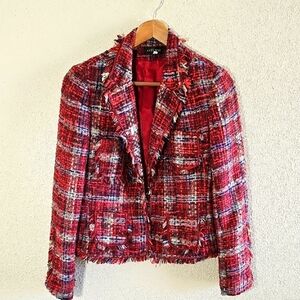 Angel Nina French Boucle' Red Plaid Fringe Jacket.